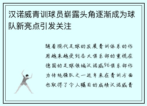 汉诺威青训球员崭露头角逐渐成为球队新亮点引发关注