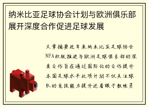 纳米比亚足球协会计划与欧洲俱乐部展开深度合作促进足球发展