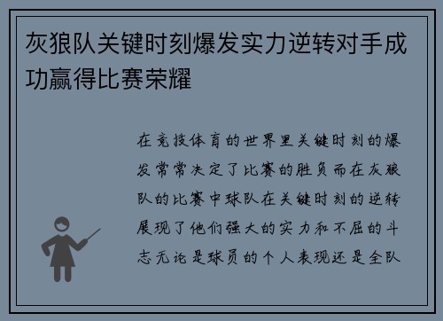 灰狼队关键时刻爆发实力逆转对手成功赢得比赛荣耀