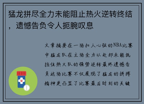 猛龙拼尽全力未能阻止热火逆转终结，遗憾告负令人扼腕叹息