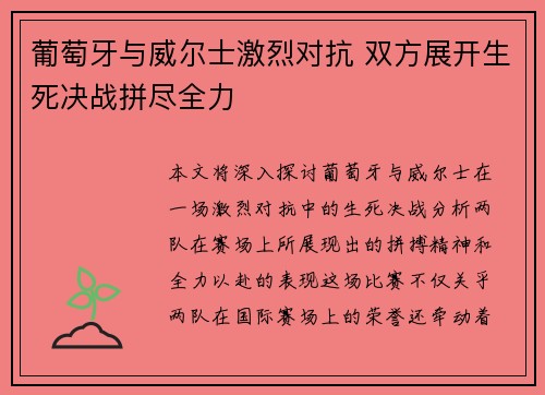 葡萄牙与威尔士激烈对抗 双方展开生死决战拼尽全力