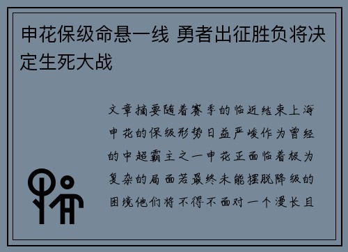 申花保级命悬一线 勇者出征胜负将决定生死大战