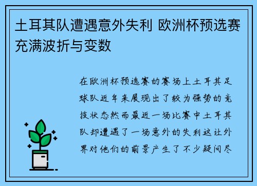 土耳其队遭遇意外失利 欧洲杯预选赛充满波折与变数