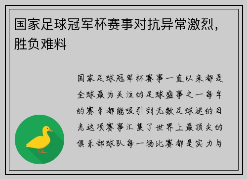 国家足球冠军杯赛事对抗异常激烈，胜负难料